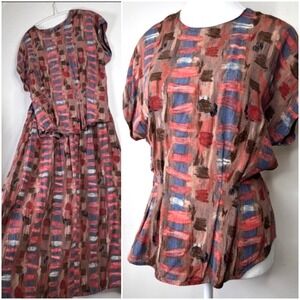 Vintage Rayon Two Piece Set Brushstroke Print Button Blouse Pleated Maxi Skirt